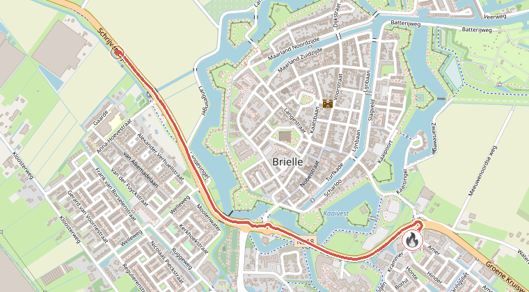 Kaart van de omgeving van de melding, met de kazerne die is gealarmeerd
