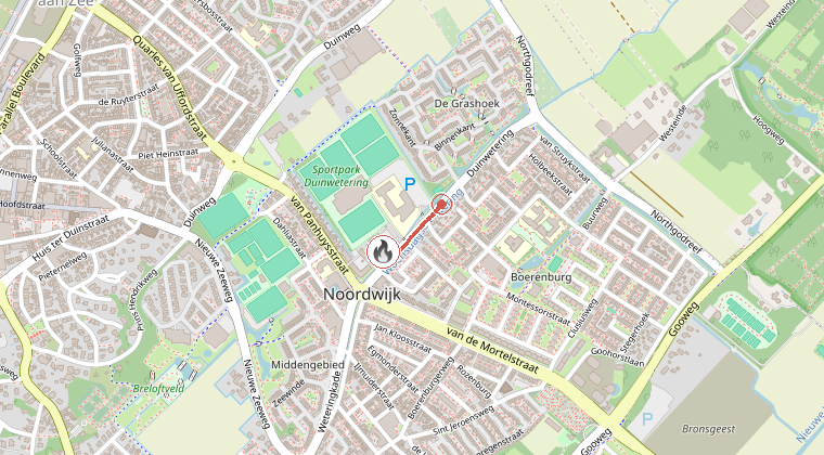 Kaart van de omgeving van de melding, met de kazerne die is gealarmeerd