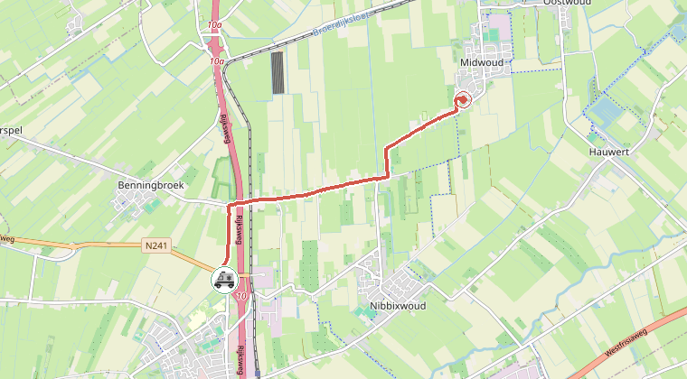 Kaart van de omgeving van de melding, met de kazerne die is gealarmeerd