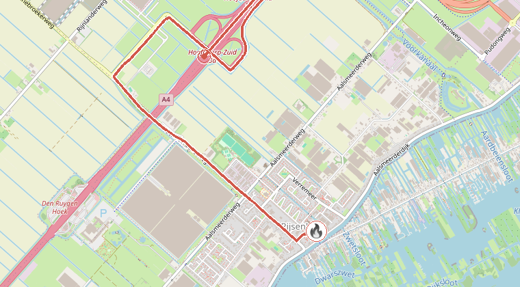 Kaart van de omgeving van de melding, met de kazerne die is gealarmeerd