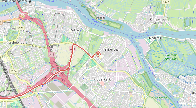 Kaart van de omgeving van de melding, met de kazerne die is gealarmeerd