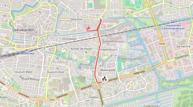 Kaart van de omgeving van de melding, met de kazerne die is gealarmeerd