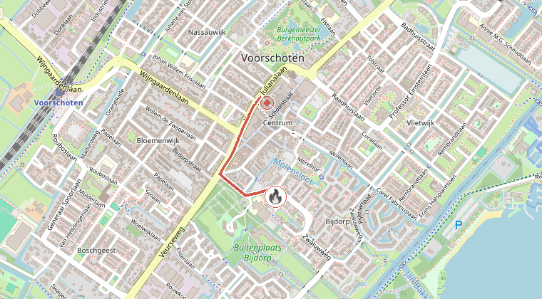 Kaart van de omgeving van de melding, met de kazerne die is gealarmeerd