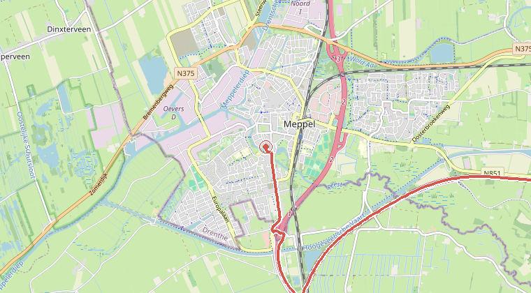 Kaart van de omgeving van de melding, met de kazerne die is gealarmeerd