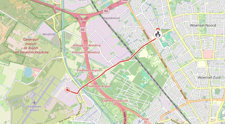 Kaart van de omgeving van de melding, met de kazerne die is gealarmeerd