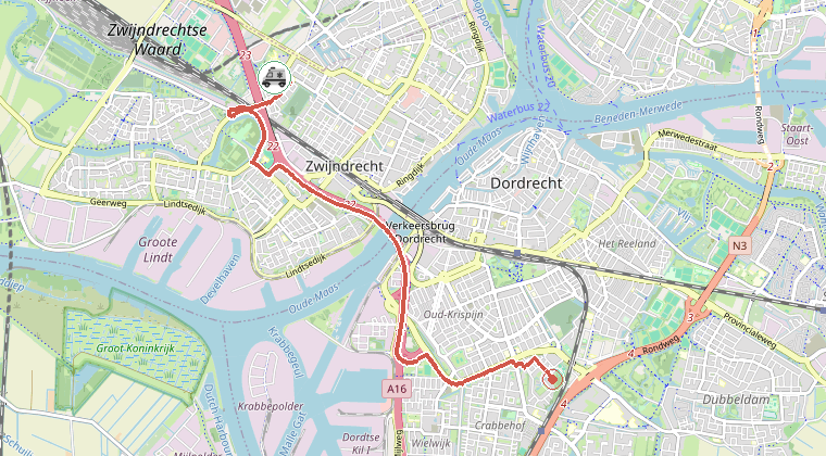 Kaart van de omgeving van de melding, met de kazerne die is gealarmeerd