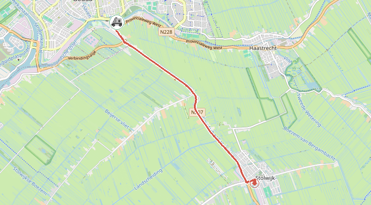 Kaart van de omgeving van de melding, met de kazerne die is gealarmeerd