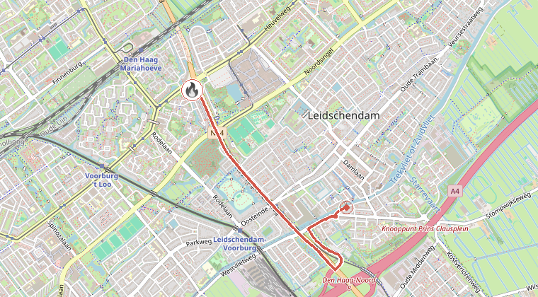 Kaart van de omgeving van de melding, met de kazerne die is gealarmeerd