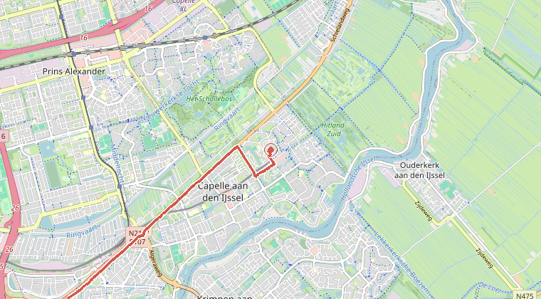 Kaart van de omgeving van de melding, met de kazerne die is gealarmeerd