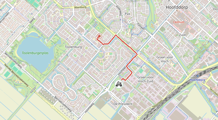 Kaart van de omgeving van de melding, met de kazerne die is gealarmeerd