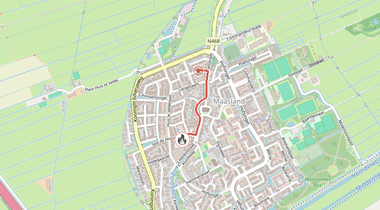 Kaart van de omgeving van de melding, met de kazerne die is gealarmeerd