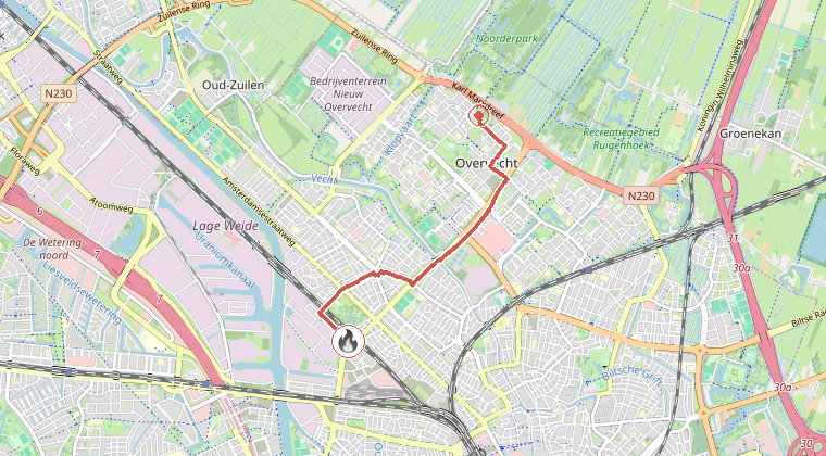 Kaart van de omgeving van de melding, met de kazerne die is gealarmeerd