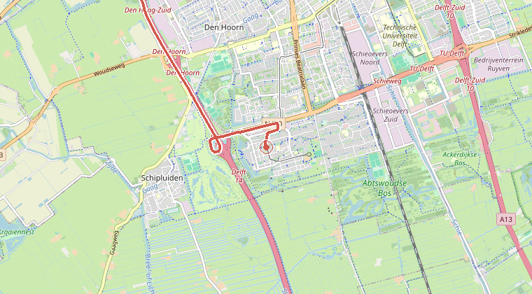 Kaart van de omgeving van de melding, met de kazerne die is gealarmeerd