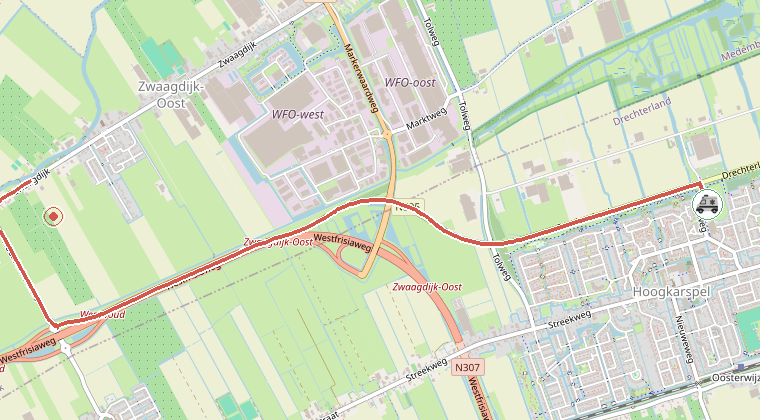 Kaart van de omgeving van de melding, met de kazerne die is gealarmeerd