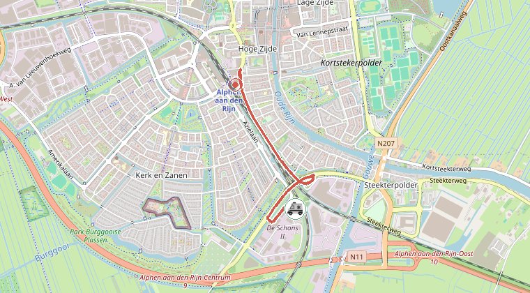 Kaart van de omgeving van de melding, met de kazerne die is gealarmeerd