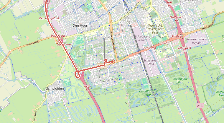 Kaart van de omgeving van de melding, met de kazerne die is gealarmeerd