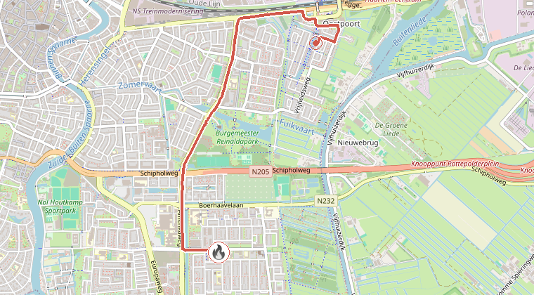 Kaart van de omgeving van de melding, met de kazerne die is gealarmeerd
