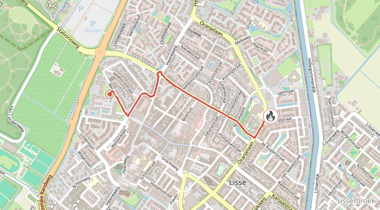 Kaart van de omgeving van de melding, met de kazerne die is gealarmeerd
