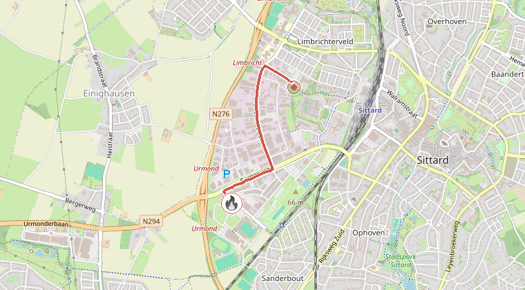 Kaart van de omgeving van de melding, met de kazerne die is gealarmeerd