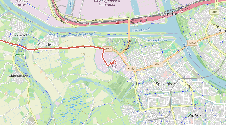 Kaart van de omgeving van de melding, met de kazerne die is gealarmeerd