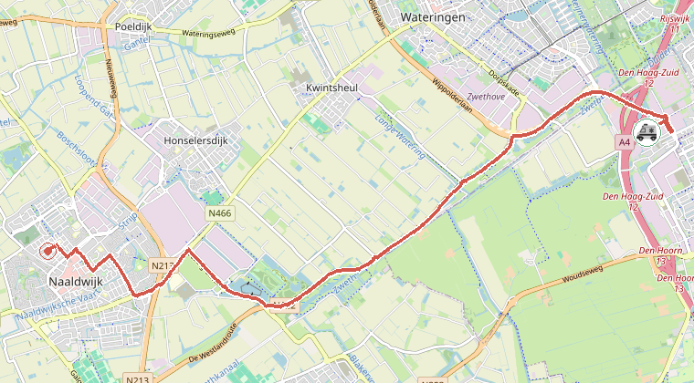Kaart van de omgeving van de melding, met de kazerne die is gealarmeerd
