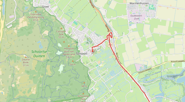 Kaart van de omgeving van de melding, met de kazerne die is gealarmeerd