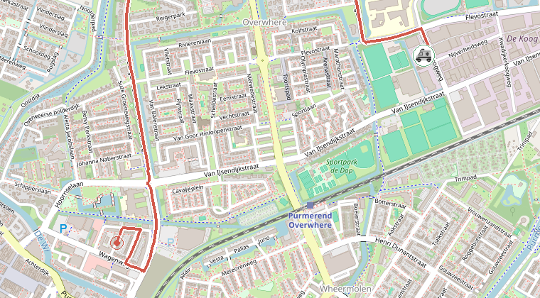 Kaart van de omgeving van de melding, met de kazerne die is gealarmeerd