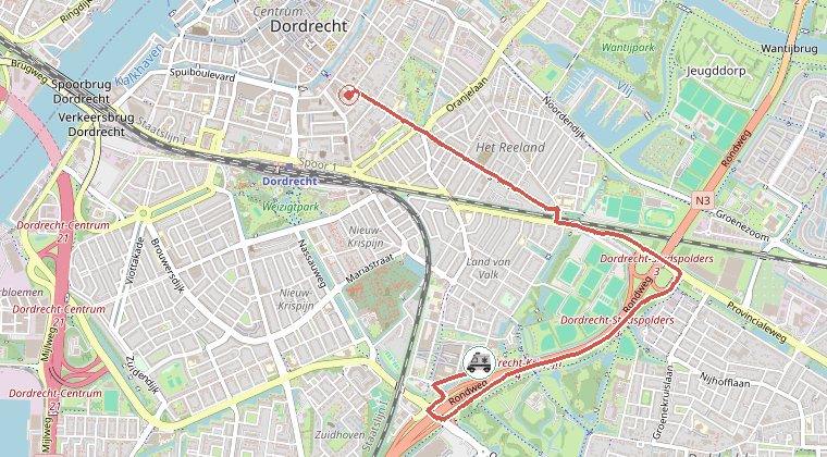 Kaart van de omgeving van de melding, met de kazerne die is gealarmeerd