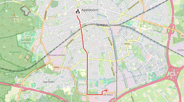 Kaart van de omgeving van de melding, met de kazerne die is gealarmeerd