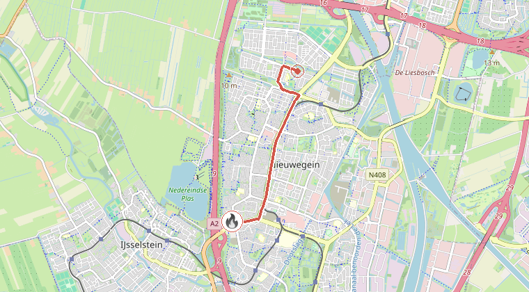 Kaart van de omgeving van de melding, met de kazerne die is gealarmeerd