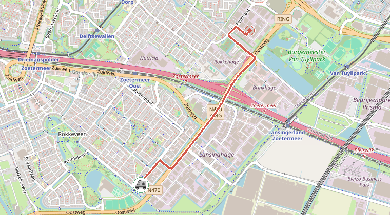 Kaart van de omgeving van de melding, met de kazerne die is gealarmeerd