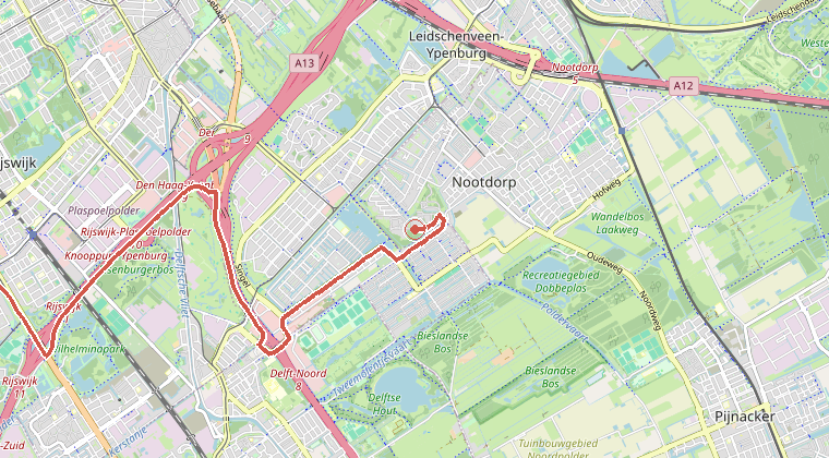 Kaart van de omgeving van de melding, met de kazerne die is gealarmeerd