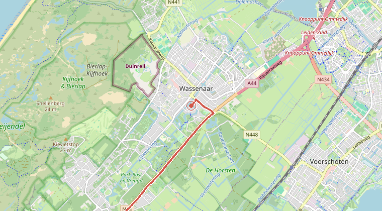 Kaart van de omgeving van de melding, met de kazerne die is gealarmeerd