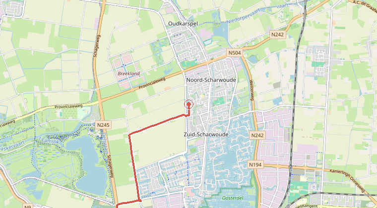 Kaart van de omgeving van de melding, met de kazerne die is gealarmeerd