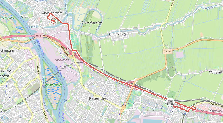 Kaart van de omgeving van de melding, met de kazerne die is gealarmeerd