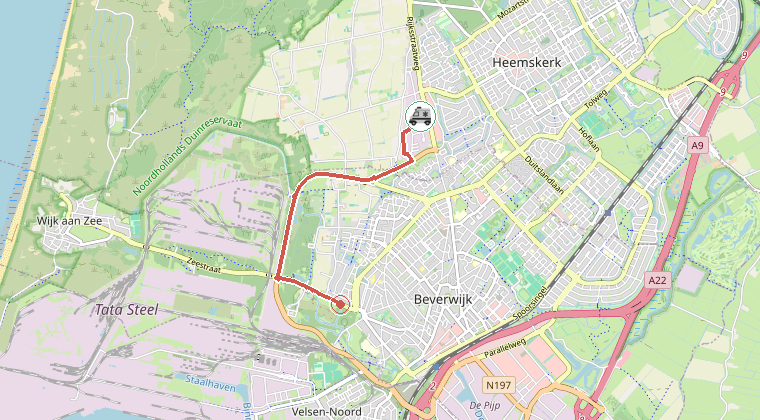 Kaart van de omgeving van de melding, met de kazerne die is gealarmeerd