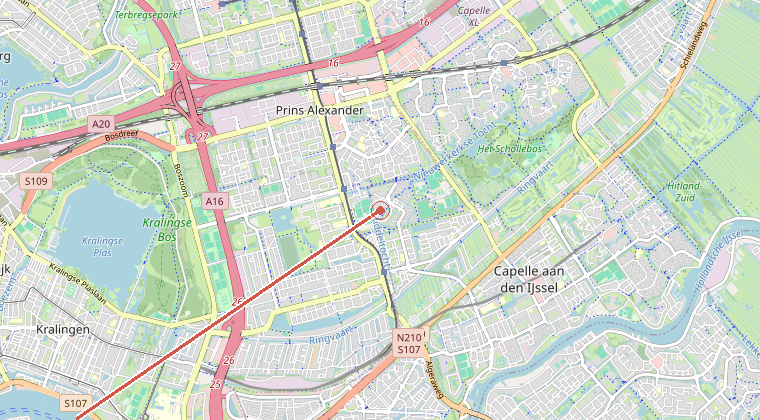 Kaart van de omgeving van de melding, met de kazerne die is gealarmeerd
