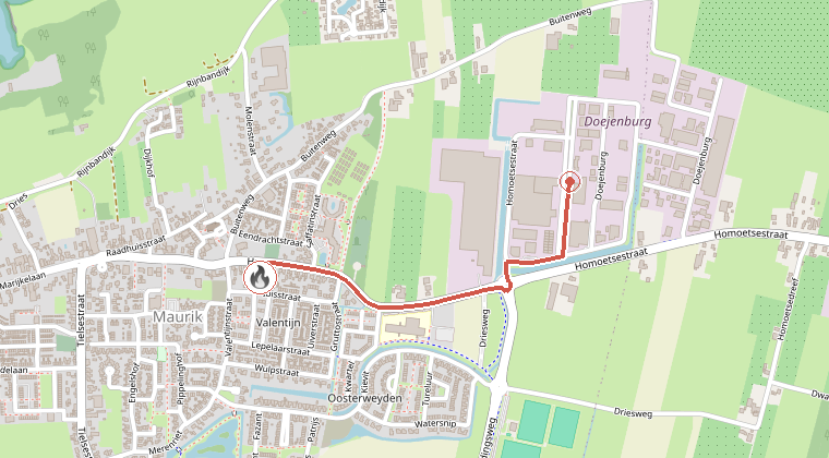 Kaart van de omgeving van de melding, met de kazerne die is gealarmeerd