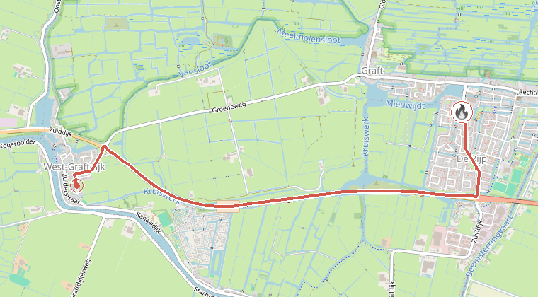 Kaart van de omgeving van de melding, met de kazerne die is gealarmeerd
