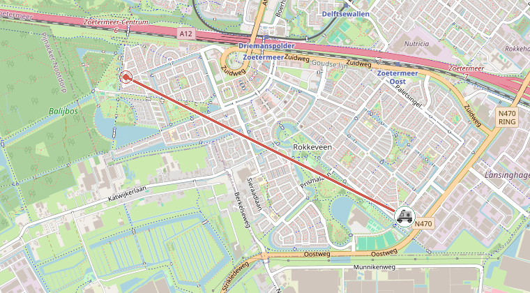 Kaart van de omgeving van de melding, met de kazerne die is gealarmeerd