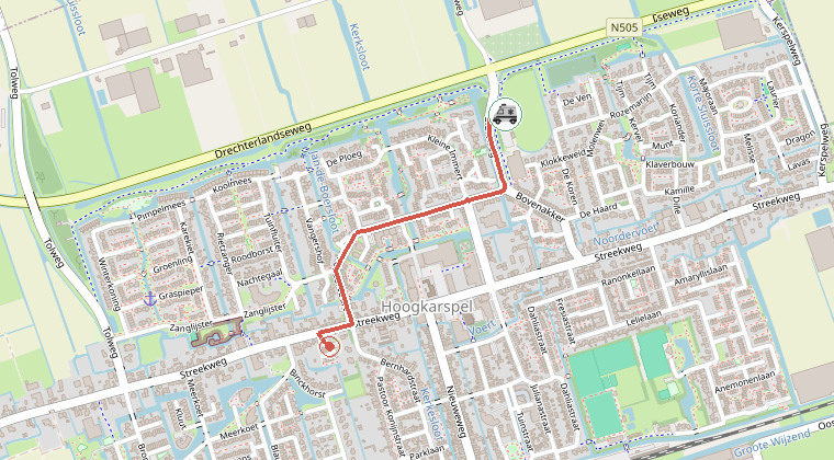 Kaart van de omgeving van de melding, met de kazerne die is gealarmeerd