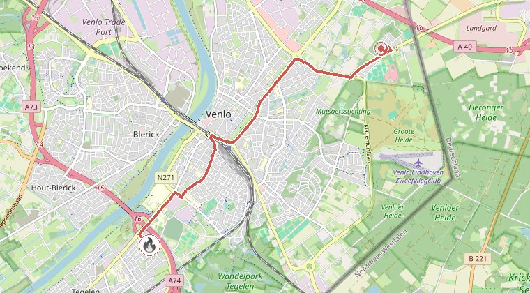 Kaart van de omgeving van de melding, met de kazerne die is gealarmeerd