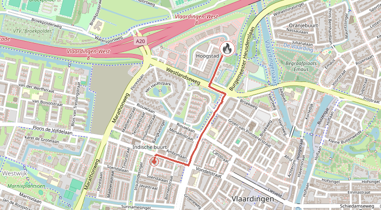 Kaart van de omgeving van de melding, met de kazerne die is gealarmeerd