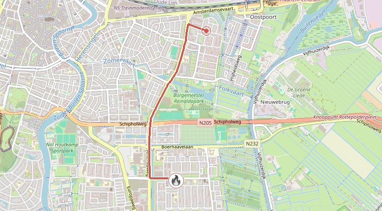 Kaart van de omgeving van de melding, met de kazerne die is gealarmeerd