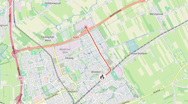 Kaart van de omgeving van de melding, met de kazerne die is gealarmeerd