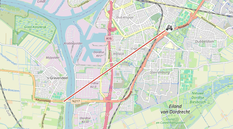 Kaart van de omgeving van de melding, met de kazerne die is gealarmeerd