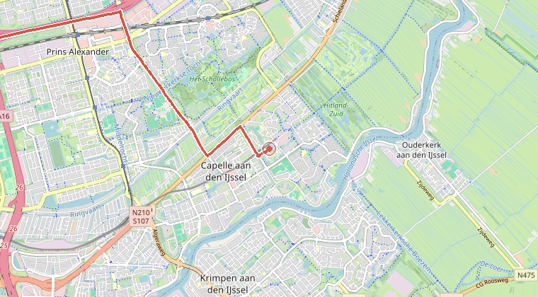 Kaart van de omgeving van de melding, met de kazerne die is gealarmeerd