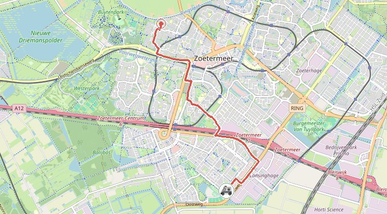 Kaart van de omgeving van de melding, met de kazerne die is gealarmeerd