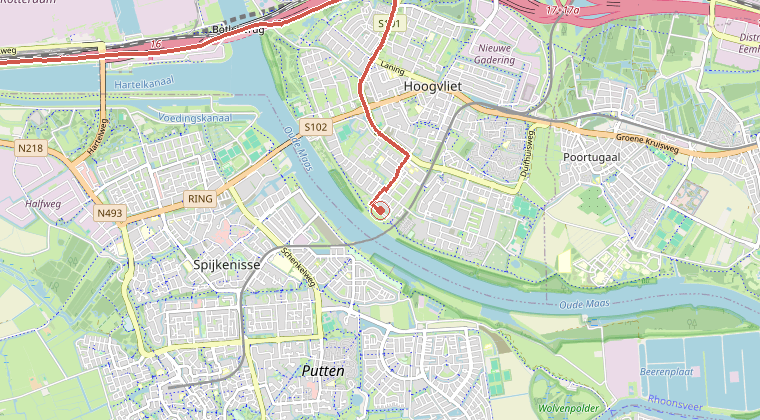 Kaart van de omgeving van de melding, met de kazerne die is gealarmeerd
