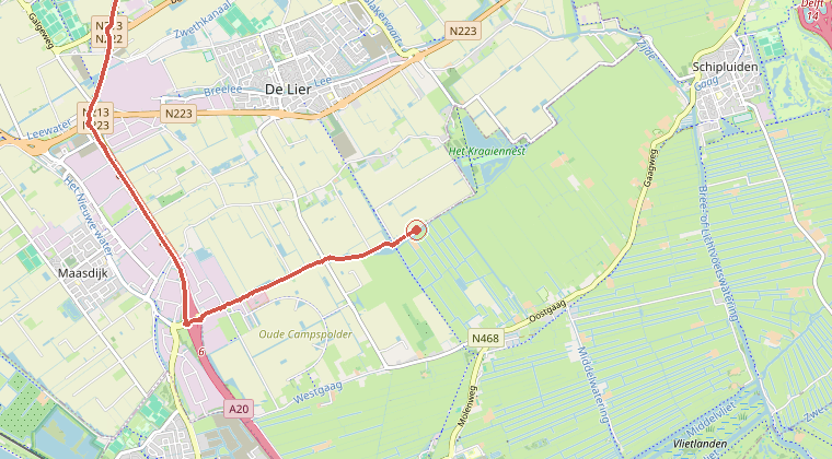 Kaart van de omgeving van de melding, met de kazerne die is gealarmeerd